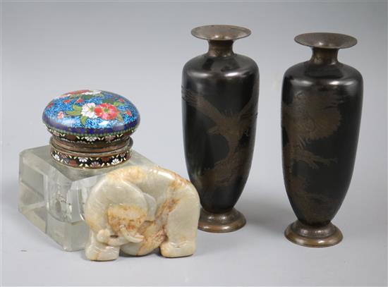 A Chinese carved jade elephant, Ming dynasty, Japanese cloisonne topped glass inkwell and two vases